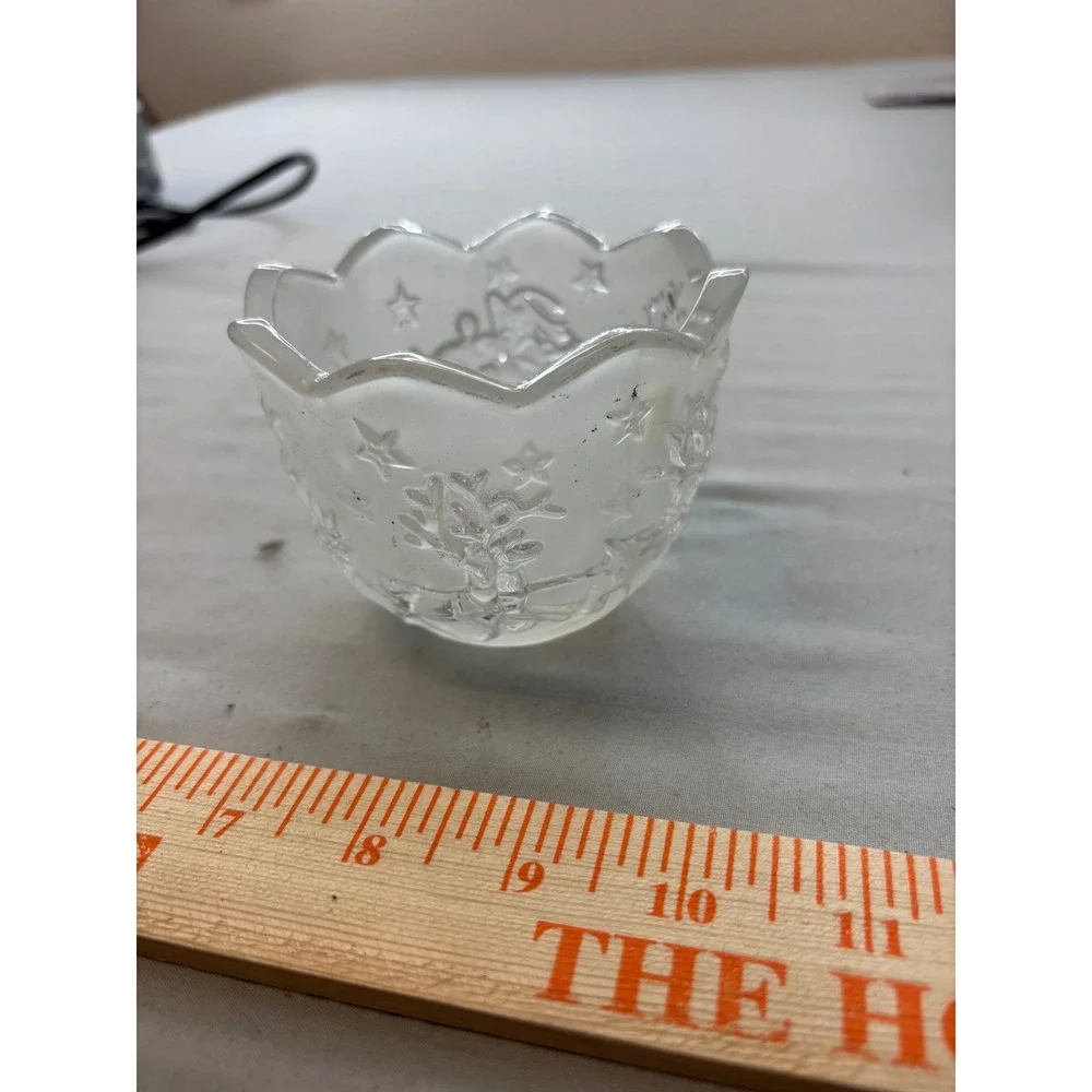 Frosted Glass Votive Candle Holder Scalloped Rim Christmas Tree Stars Winter